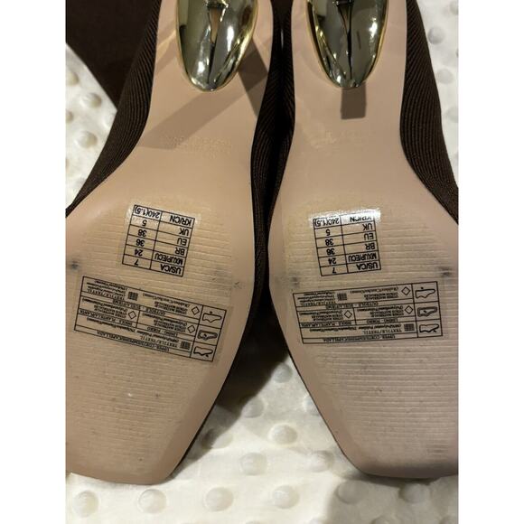 Stiletto Sock Booties (Forever 21) Brown Gold Heels Size 7 New Chic Retro Club - Picture 4 of 6